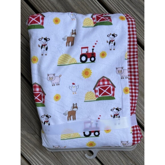 Baby Starters Farm Animals Plush Baby Blanket Cow Barn Tractor Red Plaid Trim - Picture 6 of 8